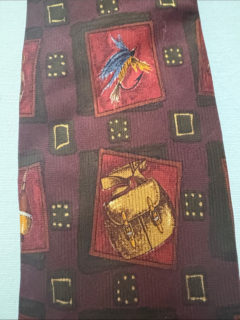 Lands' End - 100% Silk - Classic Burgundy Fishing Patterned Men's Tie